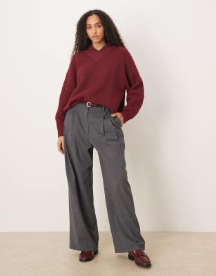 Asos Design High V-neck Sweater In Burgundy