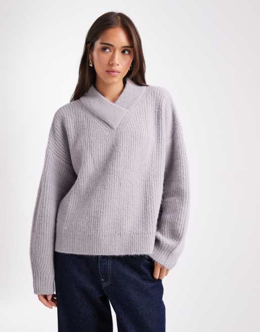 ASOS DESIGN high v neck sweater in gray