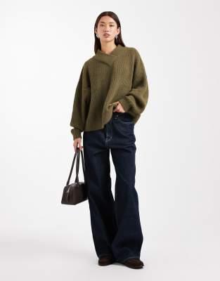 Asos Design High V Neck Sweater In Green