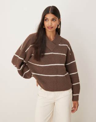 Asos Design High V-neck Sweater In Brown