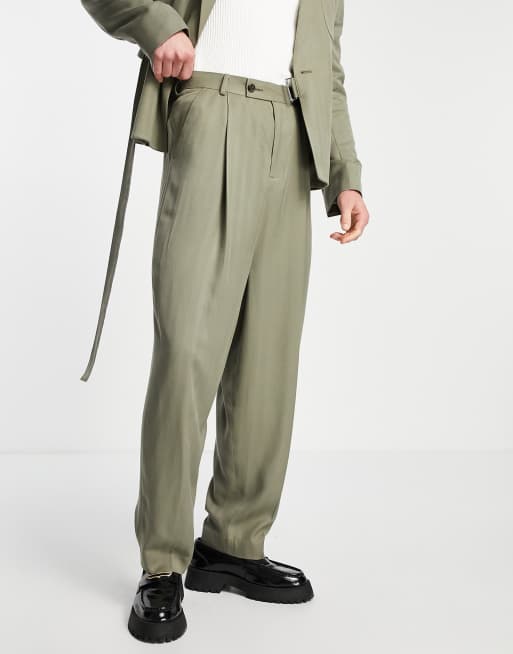 ASOS DESIGN tapered suit pants with sweatpants waist and turn up in khaki  green cotton