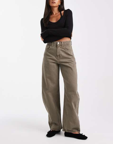 ASOS DESIGN high waist barrel jean in khaki - view 1