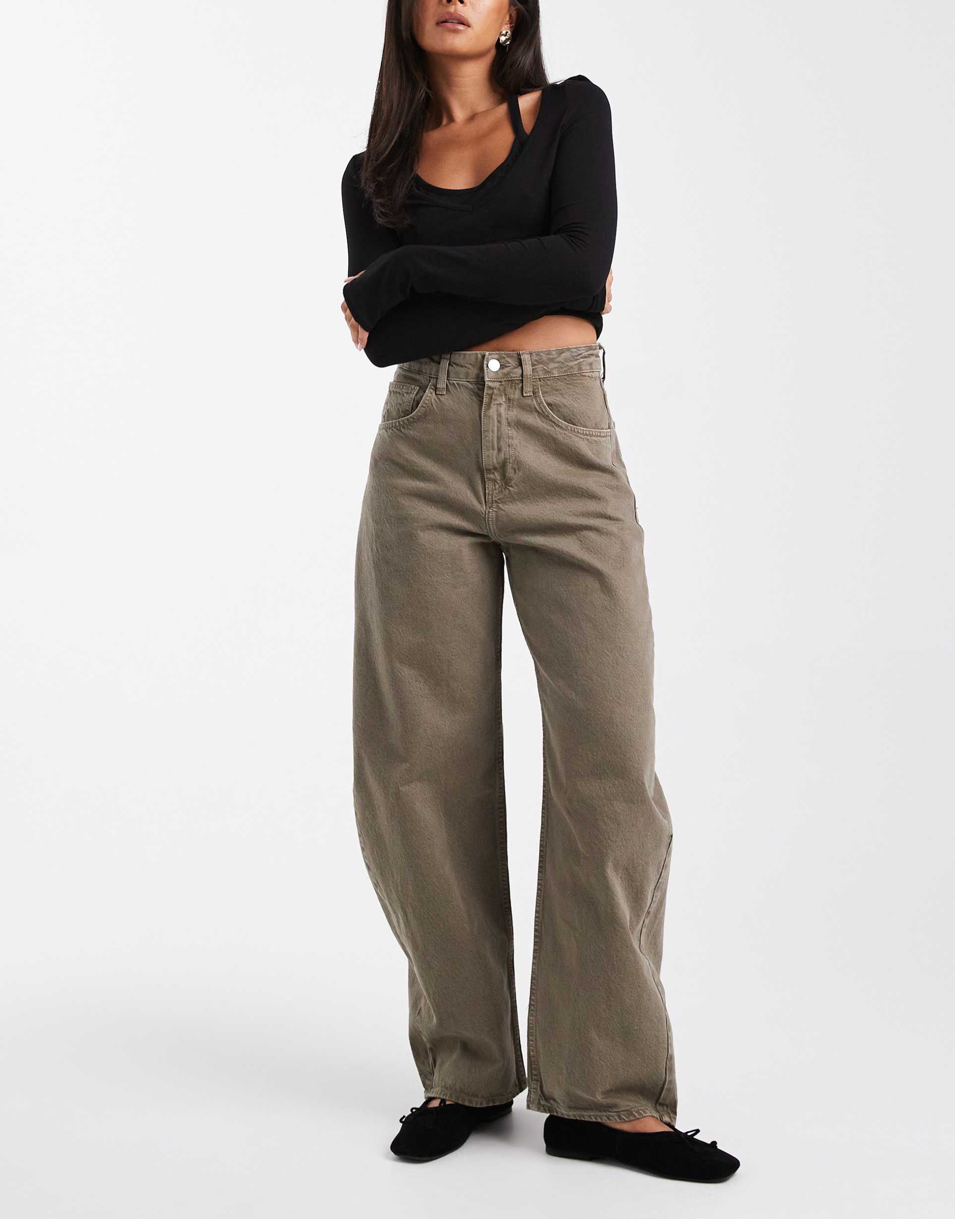 asos design high waist barrel jeans in khaki