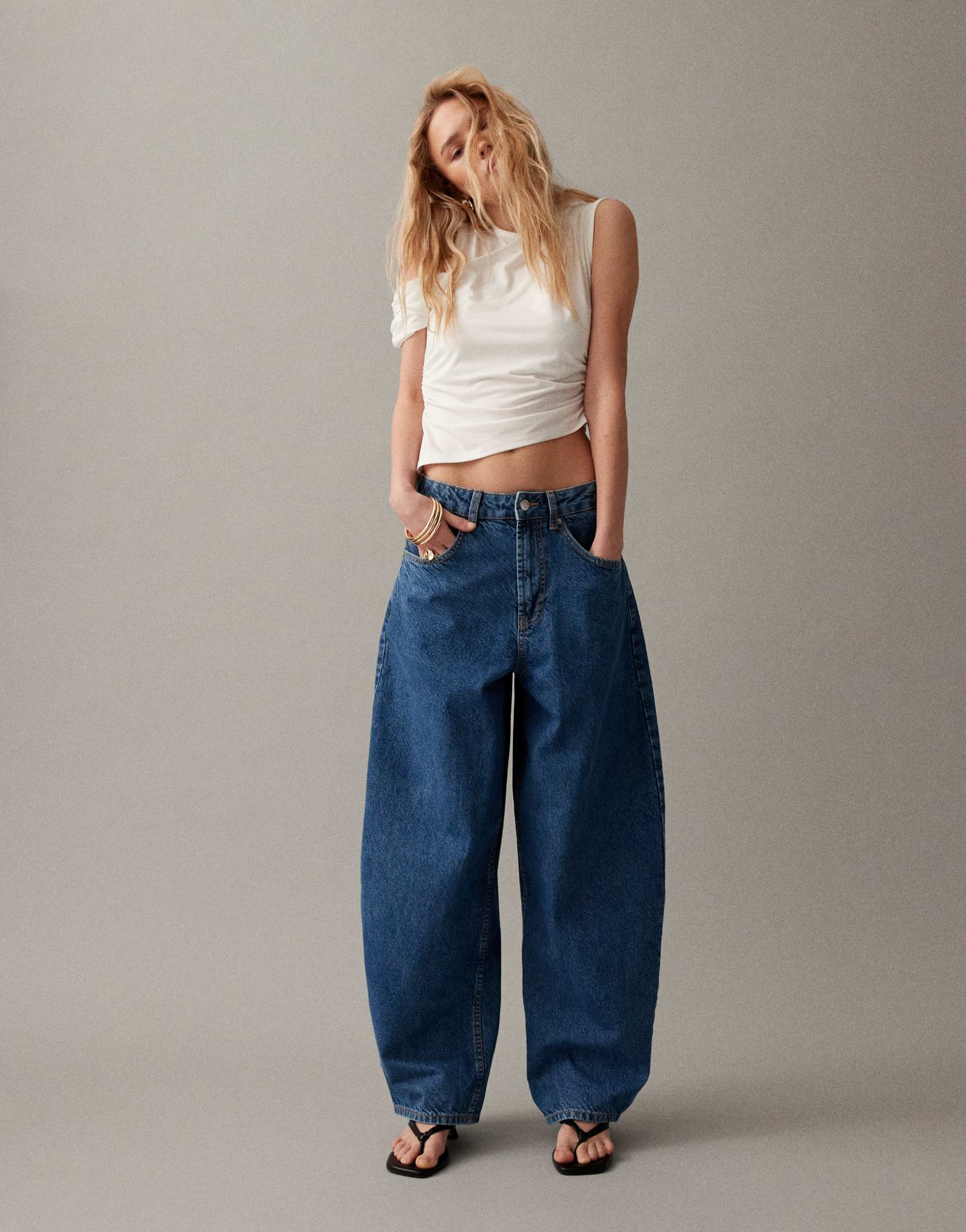 asos design high waist barrel jeans in mid blue