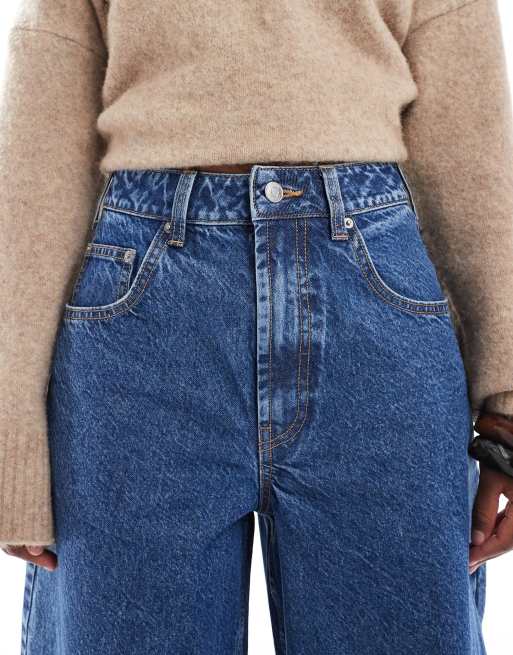 ASOS DESIGN high waist barrel jeans in mid blue