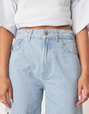 Asos Design High Waist Barrel Jeans With Thigh Rips In Blue