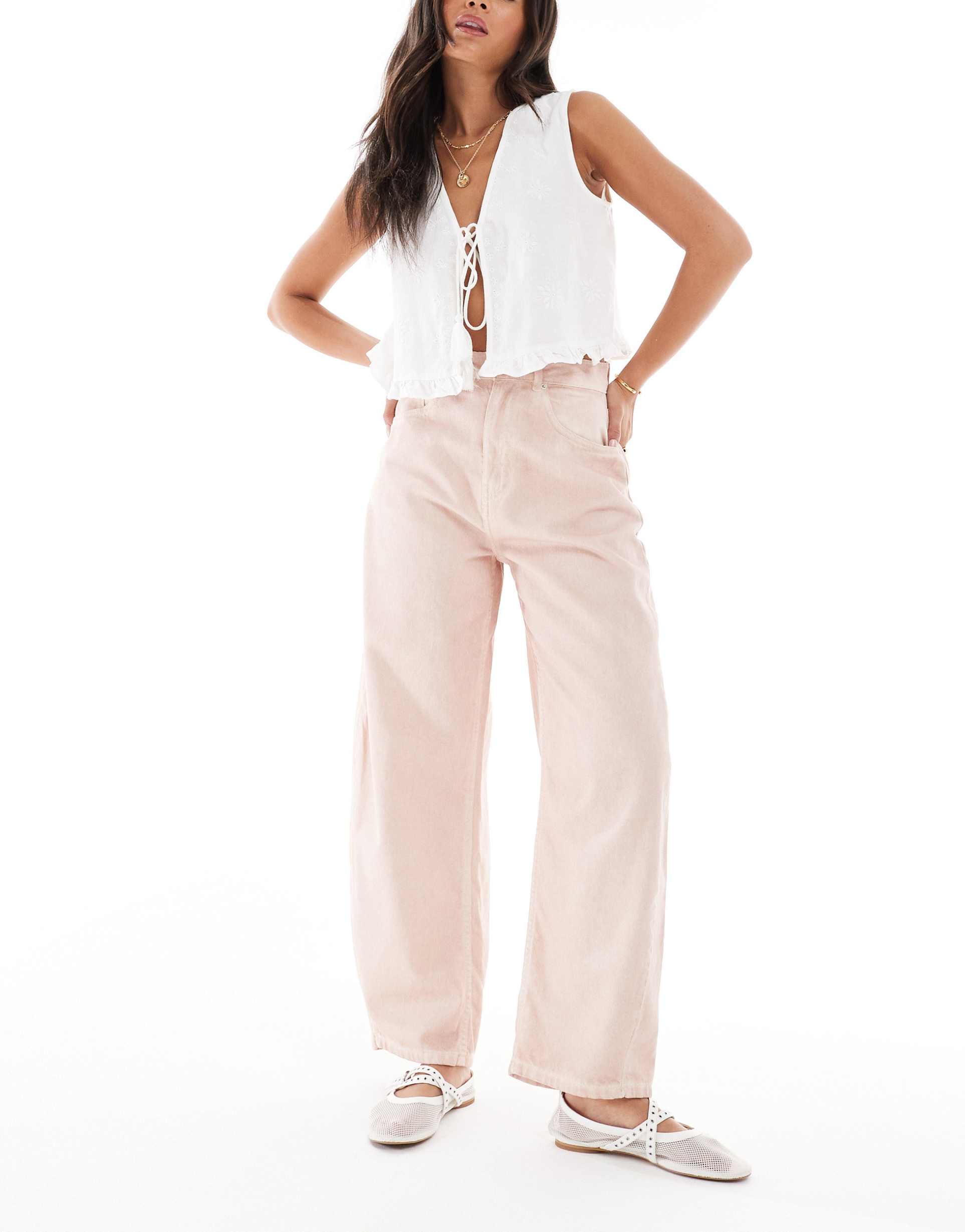 asos design high waist barrel leg jeans in antique rose wash