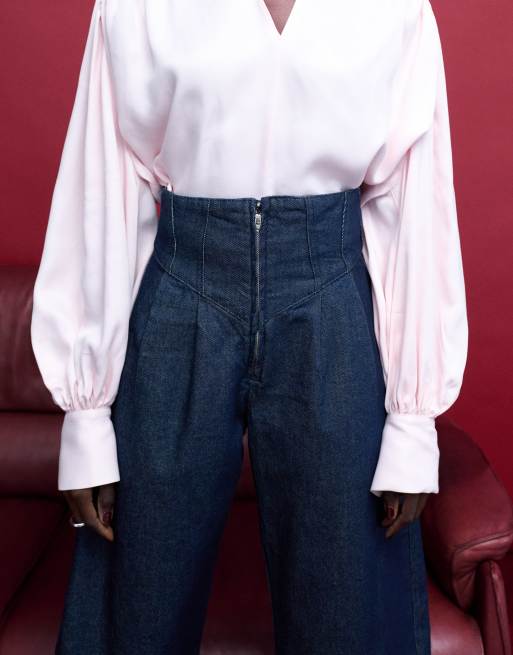 ASOS DESIGN high waist barrel with corset detail in inky wash, 5 of 5