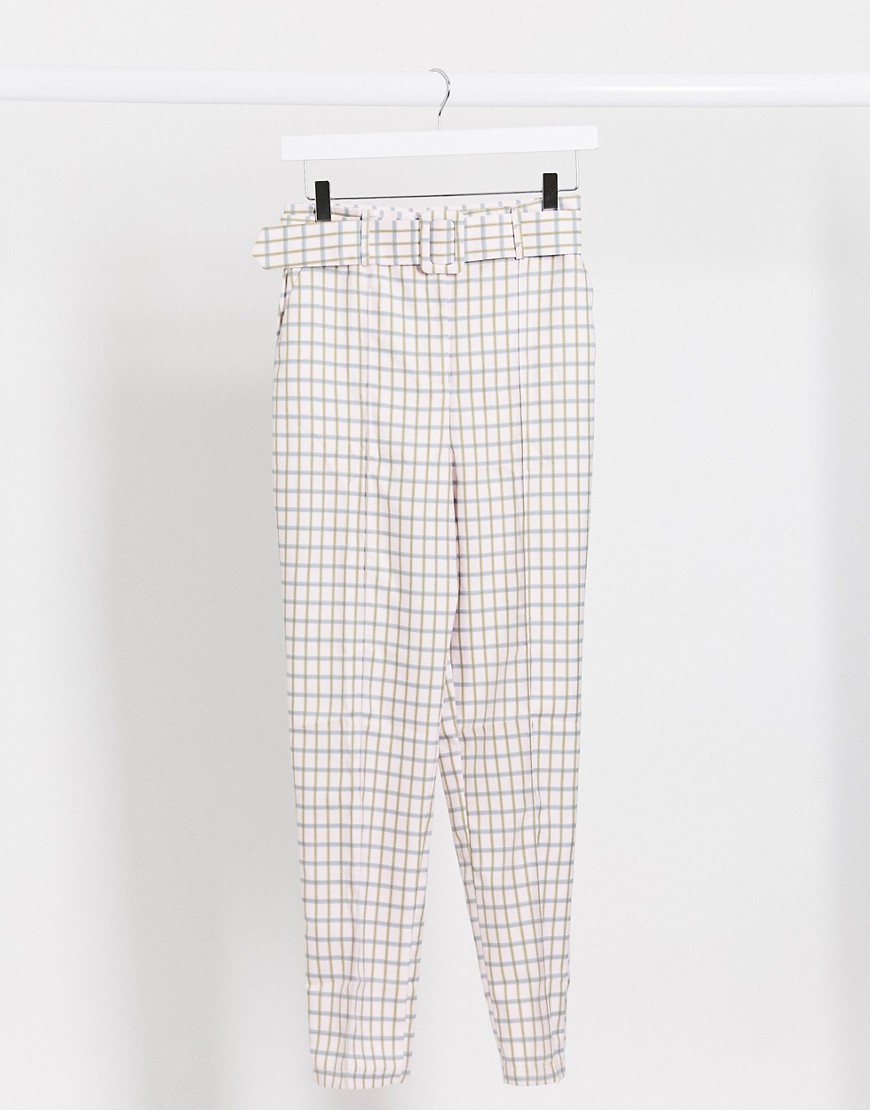 ASOS DESIGN high waist belted cigarette pants in pastel gingham-Multi