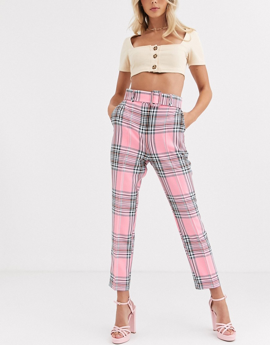 ASOS DESIGN high waist cigarette trousers with belt in pink check-Multi