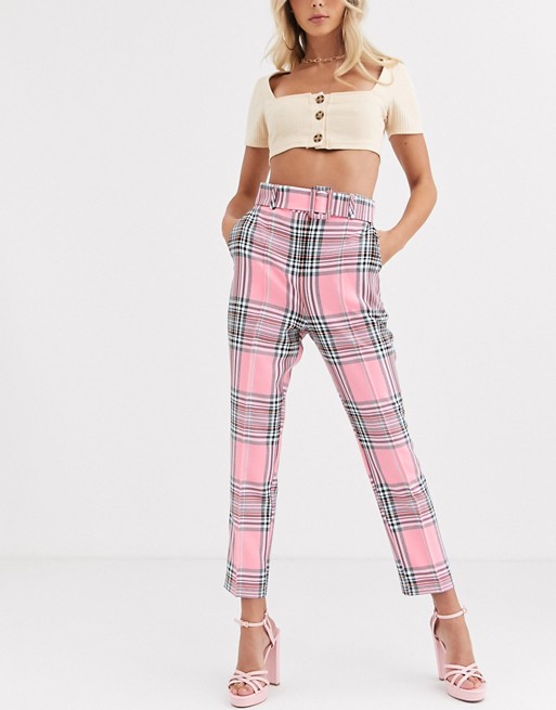 ASOS DESIGN high waist cigarette trousers with belt in pink check