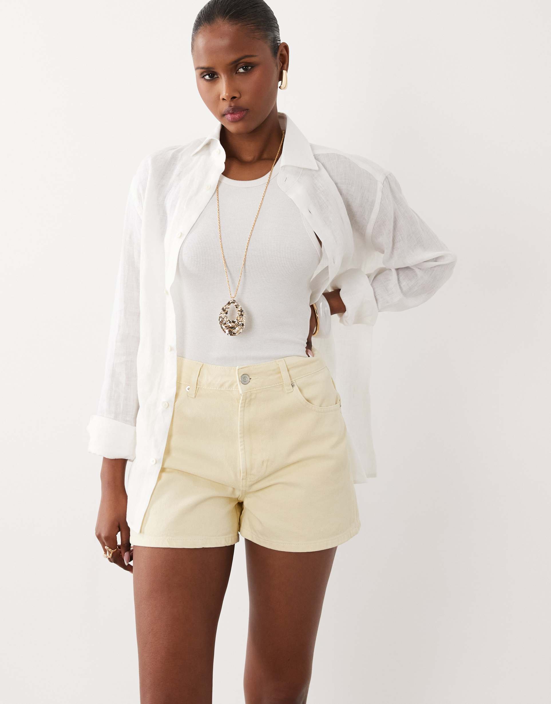 asos design high waist denim shorts in buttermilk
