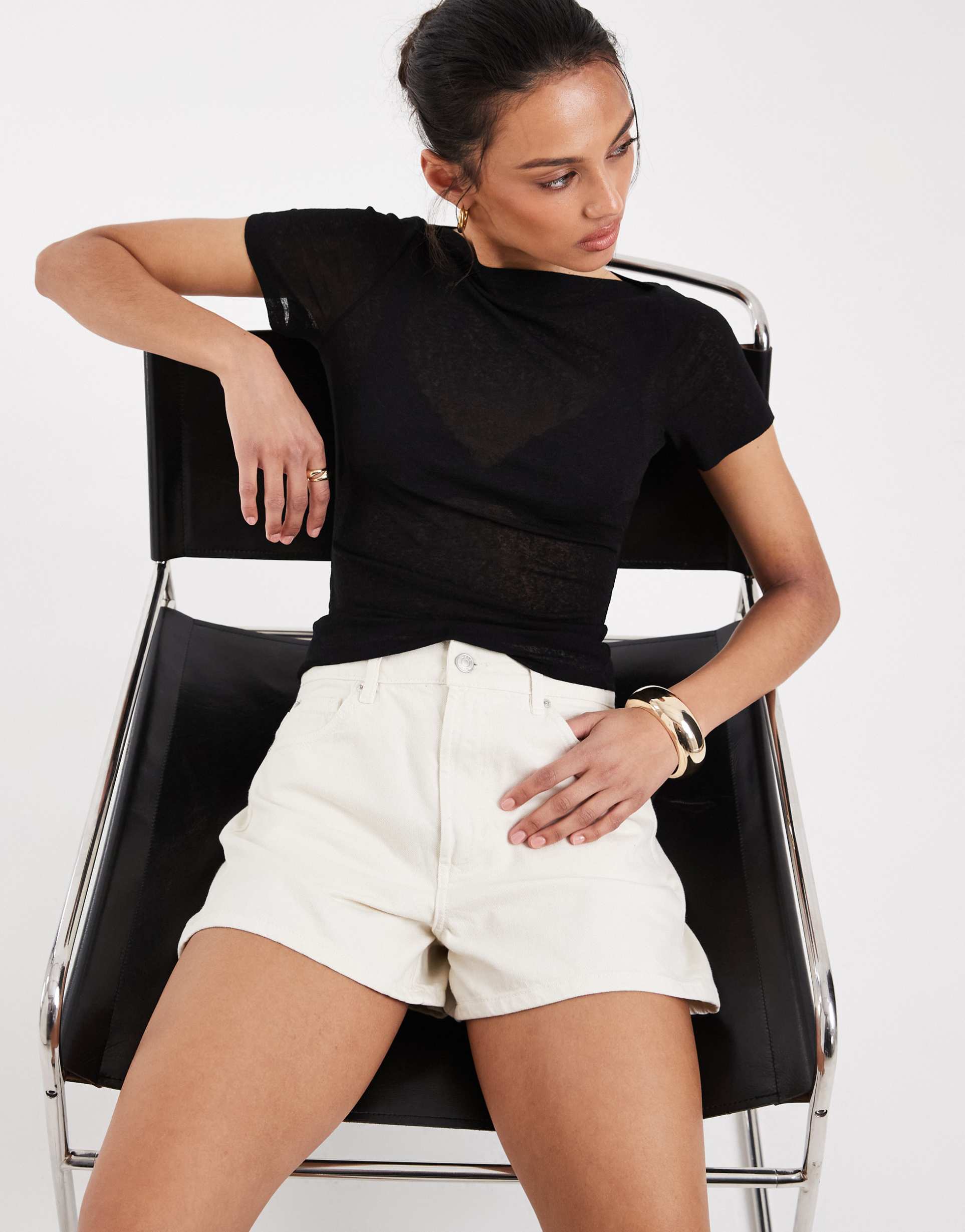 asos design high waist denim shorts in ecru
