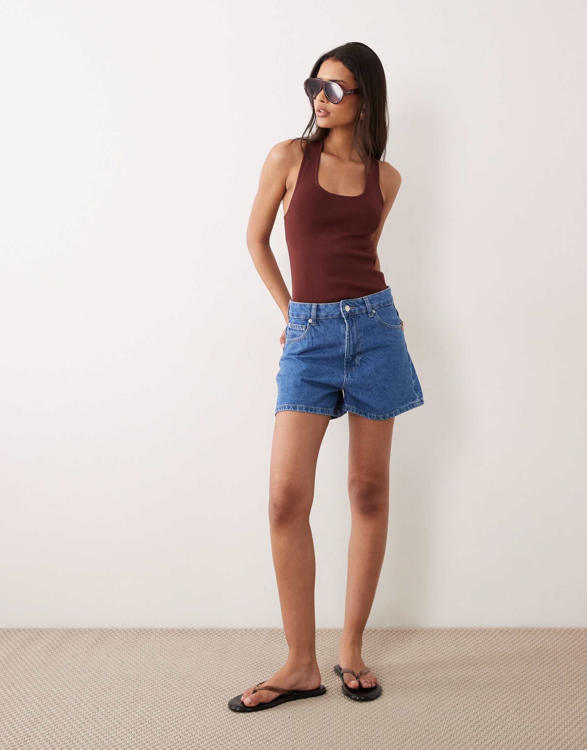 asos design high waist denim shorts in mid blue