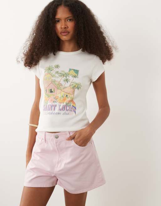 ASOS DESIGN high waist denim shorts in pink, 2 of 5