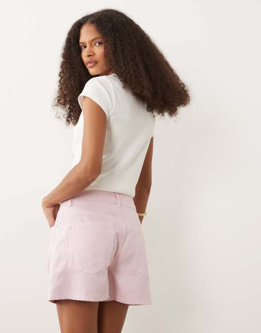 ASOS DESIGN high waist denim shorts in pink, 4 of 5
