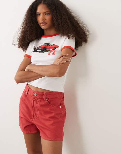 ASOS DESIGN high waist denim shorts in red - view 1