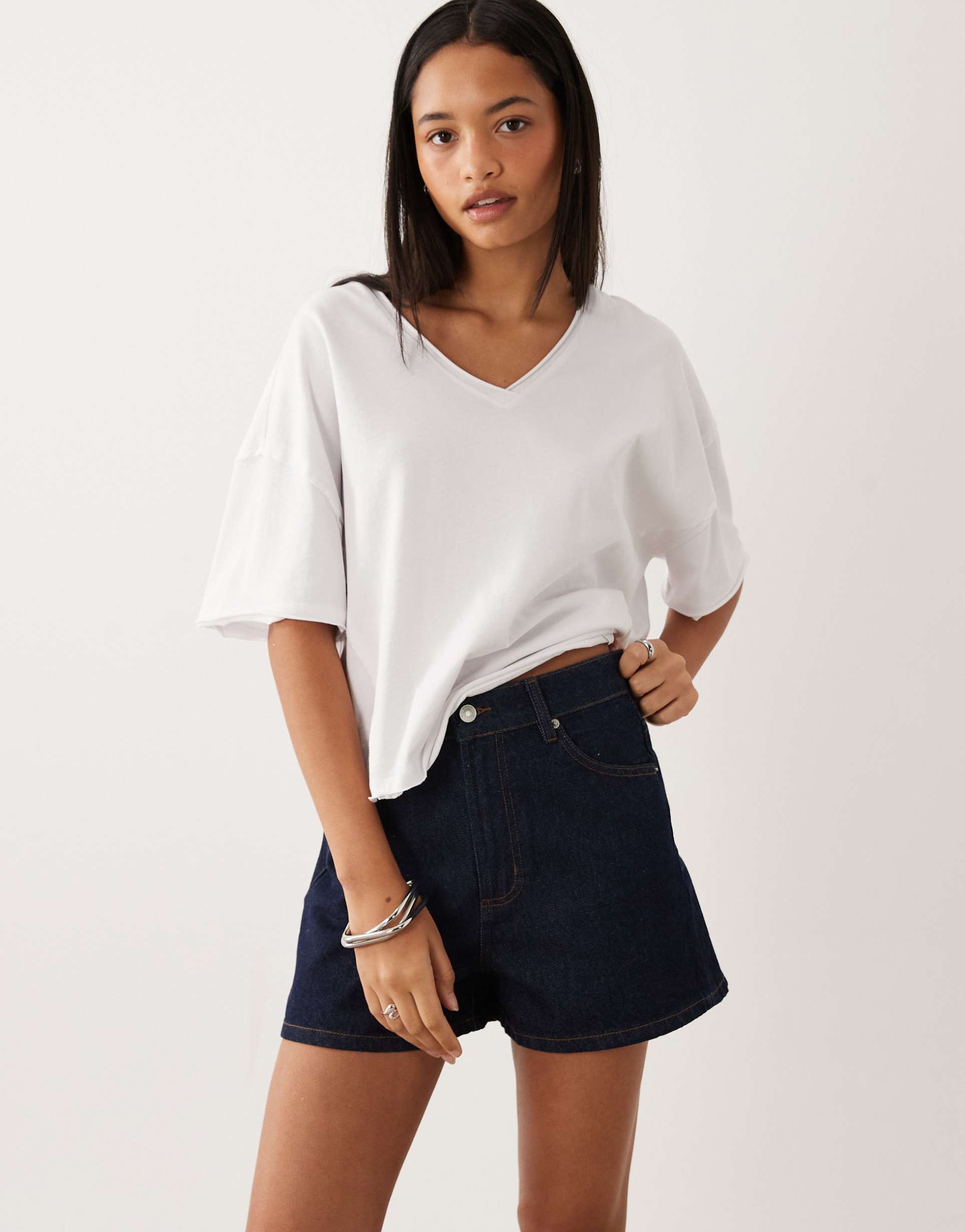 asos design high waist denim shorts in rinse