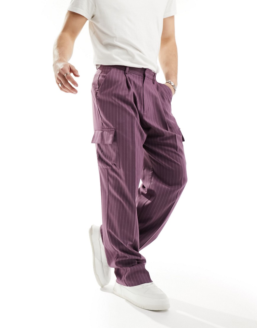 Asos Design High Waist Extreme Wide Smart Pants With Cargo Pockets In Purple Pin Stripe