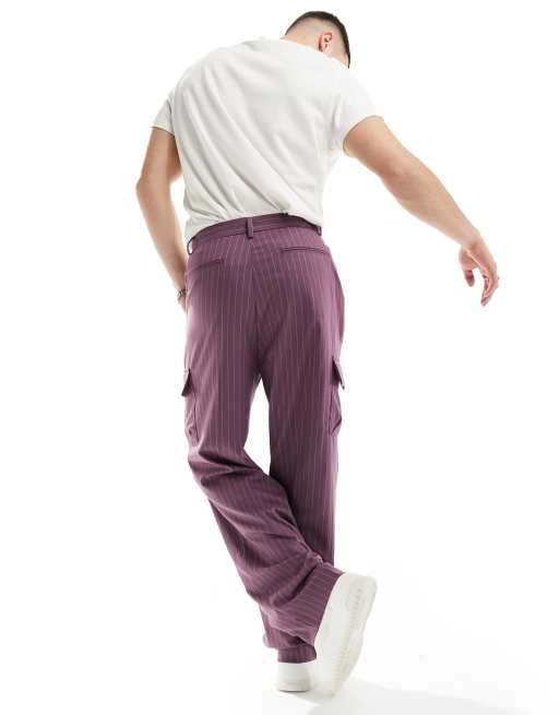 ASOS DESIGN high waist extreme wide smart pants with cargo pockets in purple pin stripe, 2 of 5