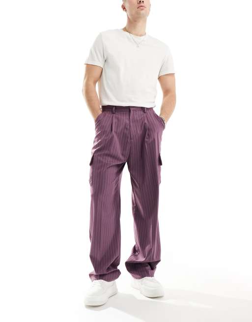 ASOS DESIGN high waist extreme wide smart pants with cargo pockets in purple pin stripe, 4 of 5