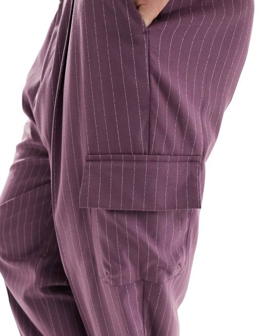 ASOS DESIGN high waist extreme wide smart pants with cargo pockets in purple pin stripe, 5 of 5