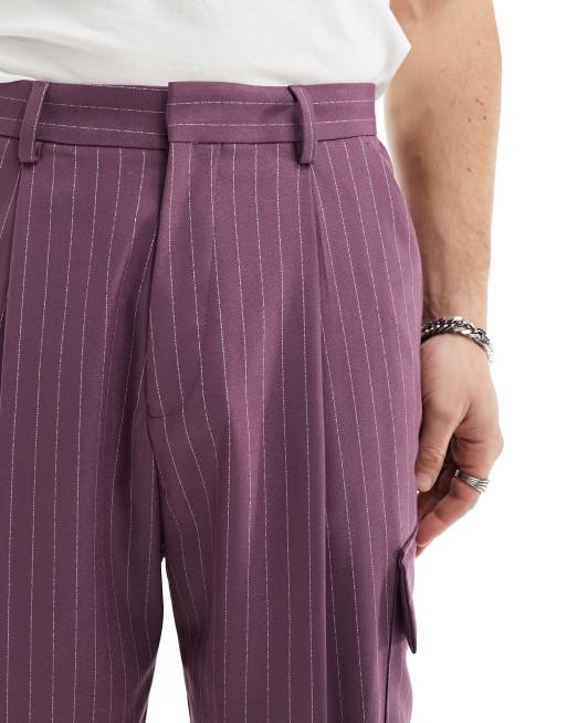 ASOS DESIGN high waist extreme wide smart trousers with cargo pockets in purple pin stripe, 3 of 5