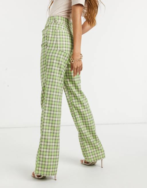 ASOS DESIGN high waist flared pants in lime green check