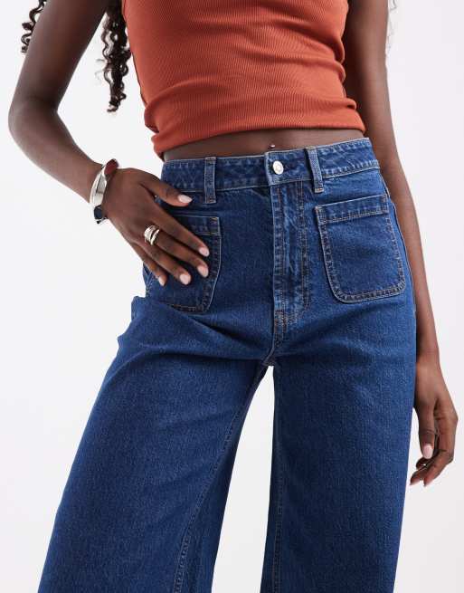 ASOS DESIGN High-Waist-Jeans mit weitem Bein und Fronttaschen in dunkler Waschung Blau, 4 von 5