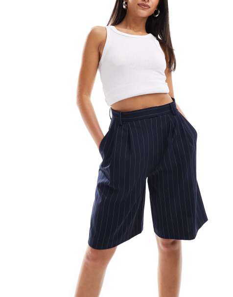 ASOS DESIGN high waist longline tailored shorts in navy pinstripe - view 1