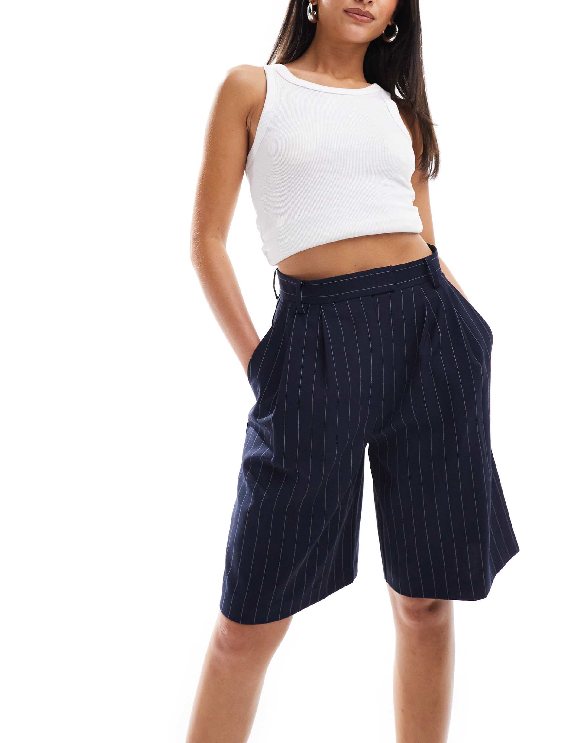 asos design high waist longline tailored shorts in navy pinstripe