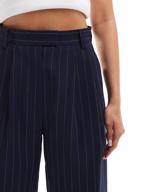 ASOS DESIGN high waist longline tailored shorts in navy pinstripe, 4 of 5