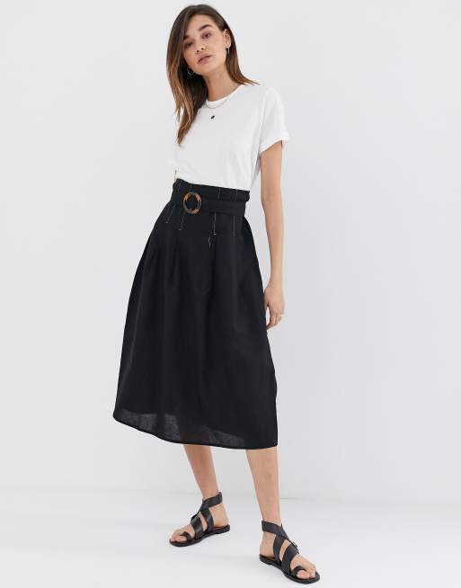 ASOS DESIGN high waist midi skirt with tortoise shell buckle and contrast  stitching