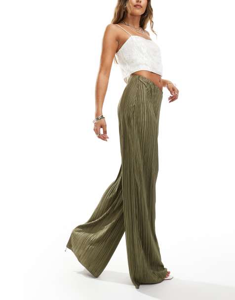 ASOS DESIGN high waist plisse straight leg pants in soft khaki - view 1