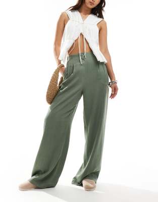 Asos Design High Waist Seam Detail Pants With Linen In Sage-green In Neutral