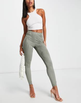 ASOS DESIGN high waist skinny pant in faux suede in khaki - ASOS Price Checker