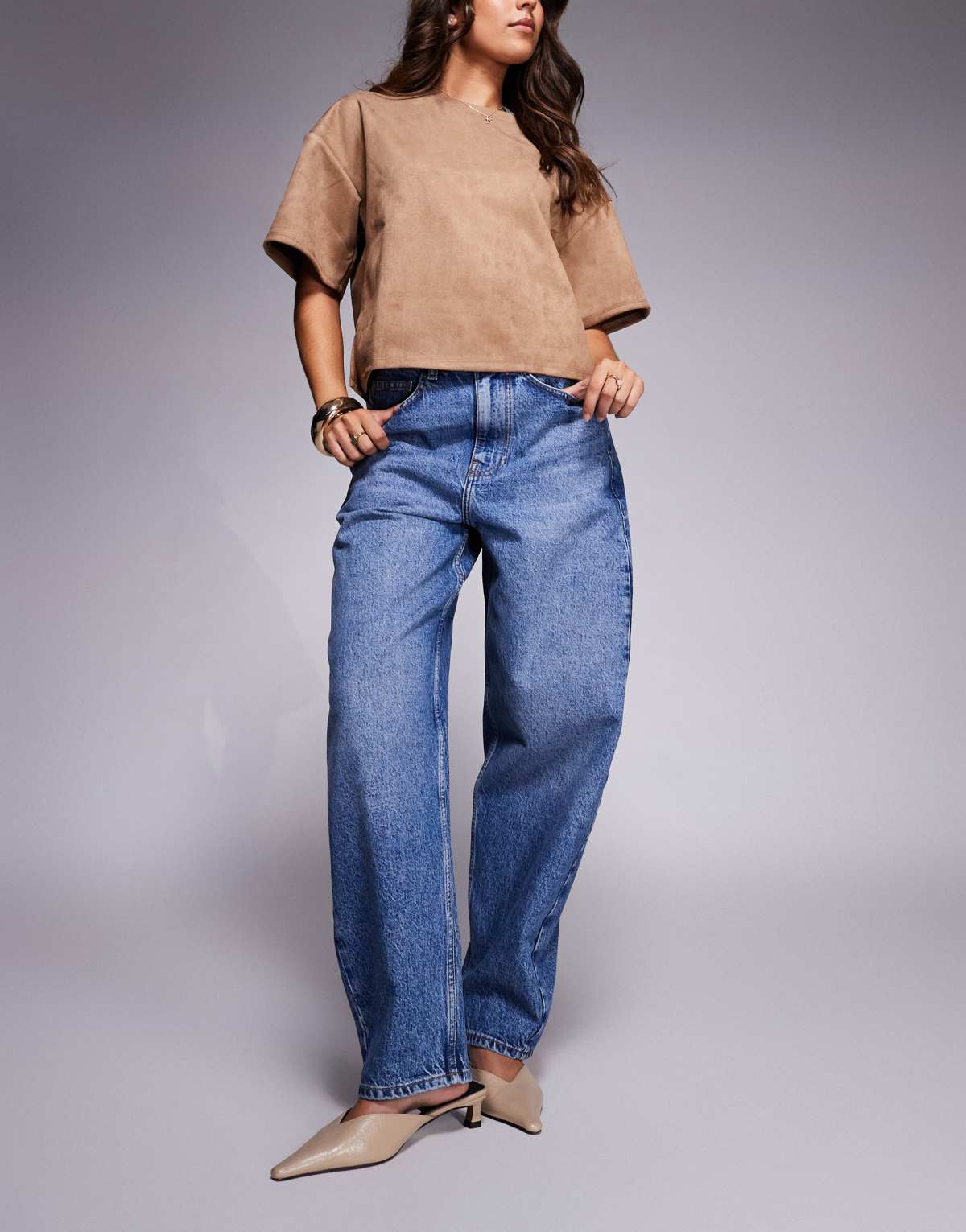 ASOS DESIGN high waist slim barrel jean with crease front in dark mid blue
