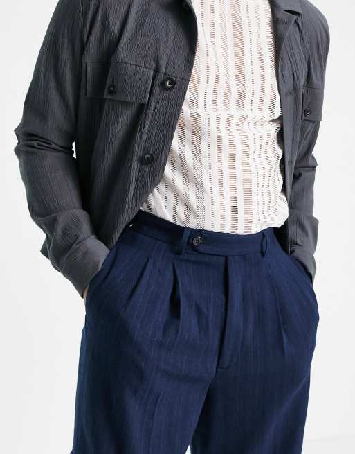 ASOS DESIGN high-waist slim cargo smart pants in navy stripe, 3 of 4