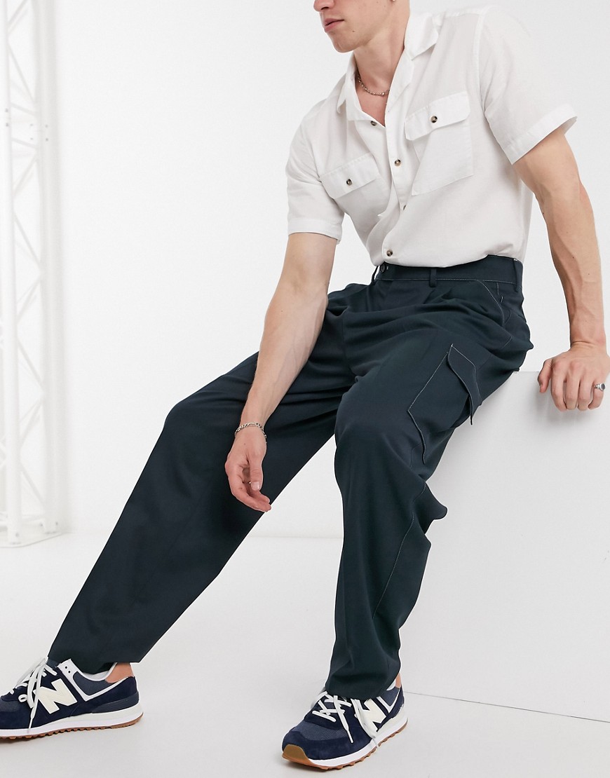 ASOS DESIGN high waist slim cargo smart pants with contrast stitch-Navy