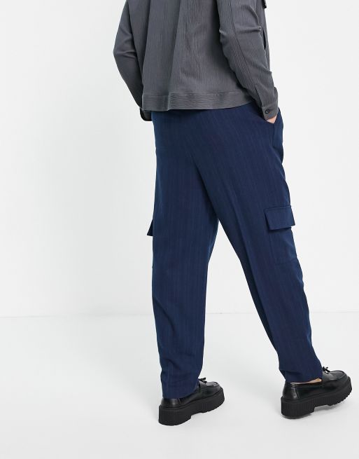 ASOS DESIGN high waist slim cargo smart trouser in navy stripe, 2 of 4