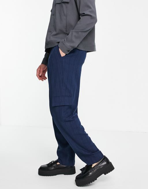 ASOS DESIGN high waist slim cargo smart trouser in navy stripe, 4 of 4