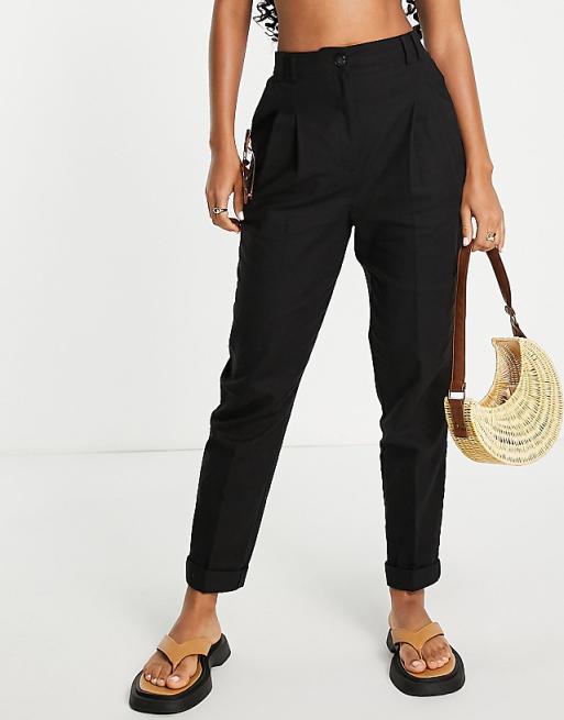 ASOS DESIGN high waist slim peg pants in black linen | ASOS