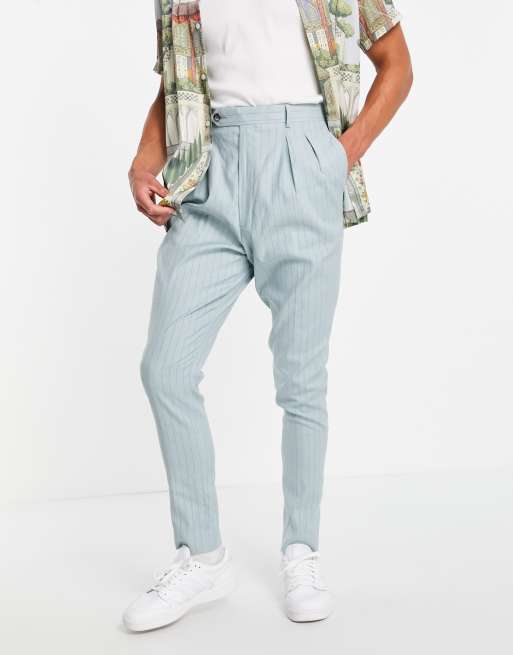 ASOS DESIGN high waist slim smart pants in mint pinstripe linen mix