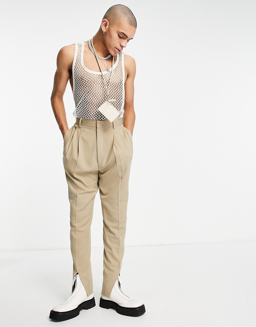 ASOS DESIGN high waist slim smart trouser with front split in stone-Neutral