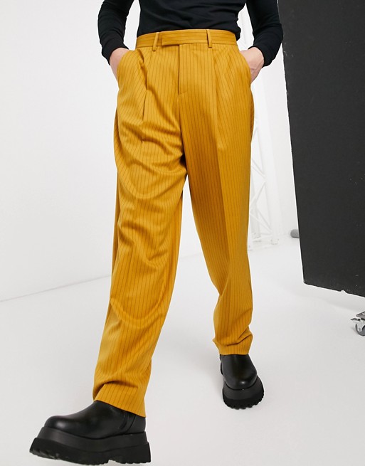 ASOS DESIGN high waist slim smart trousers in mustard pinstripe