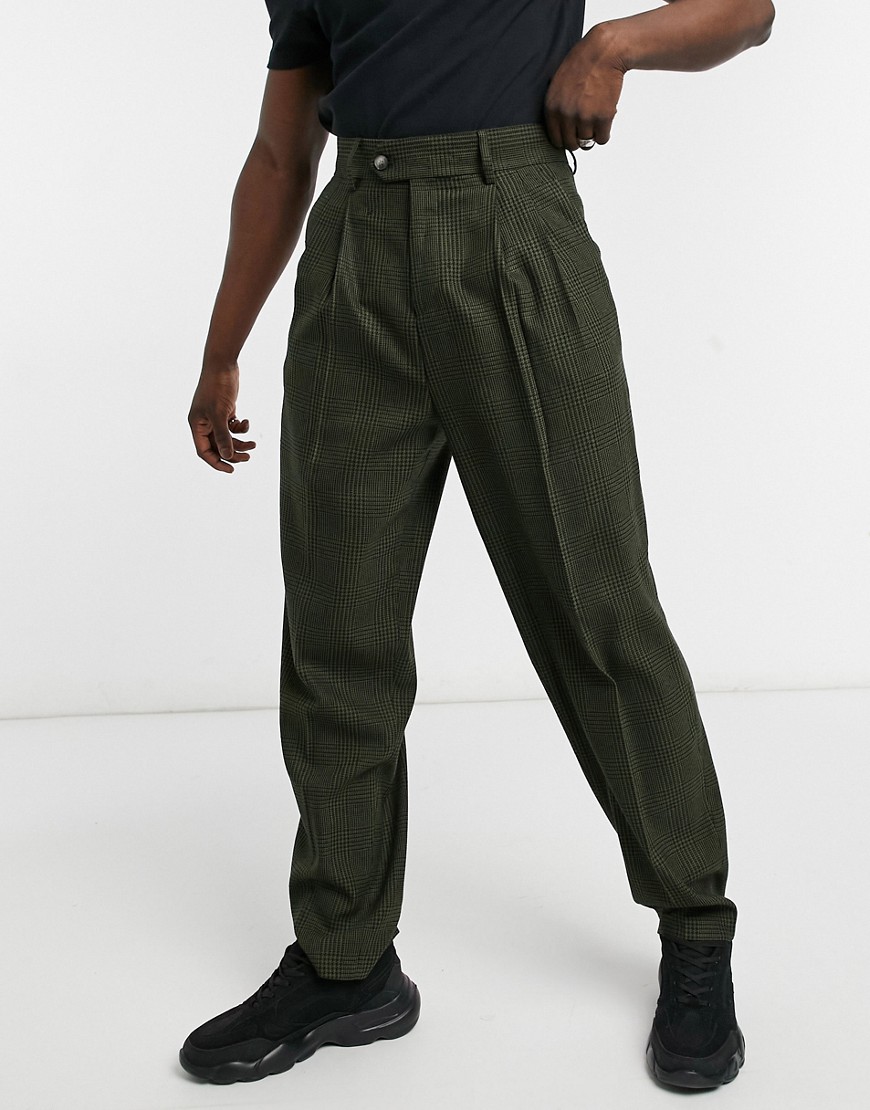 ASOS DESIGN high waist slim wool-blend smart pant in tonal plaid-Green