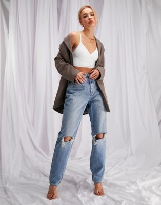 ASOS DESIGN high waist 'slouchy' mom jeans in stonewash with rips | ASOS
