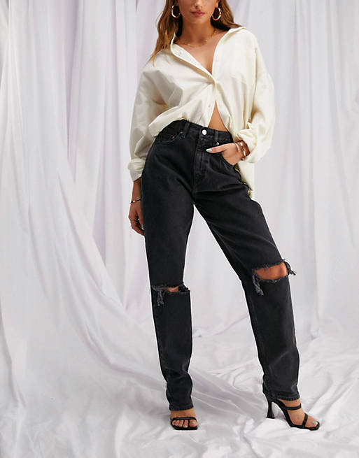 Women high waist 'slouchy' mom jeans in washed black with rips 