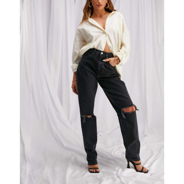 Plt Washed Black Ripped Knee Mom Jeans