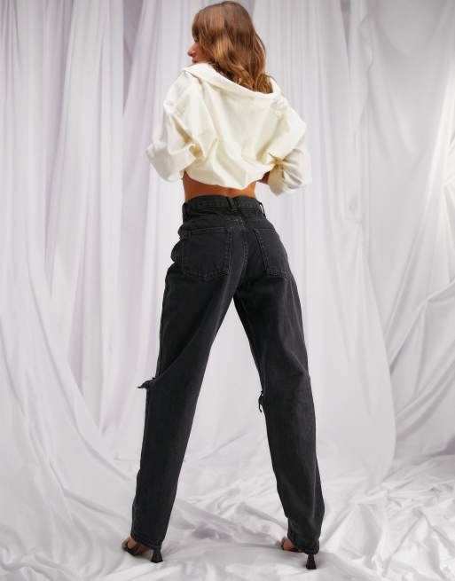 ASOS DESIGN high waist 'slouchy' mom jeans in washed black with rips, 2 of 4